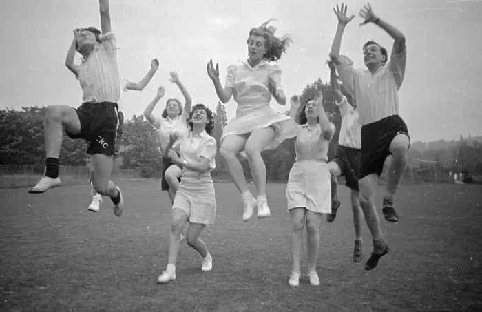 Framed Print : Korf-Ball. 24th July 1948: Members of Croydon Korf-ball Club play at Norwood Sports Club Framed Print : Korf-Ball. 24th July 1948: Members of Croydon Korf-ball Club play at Norwood Sports Club