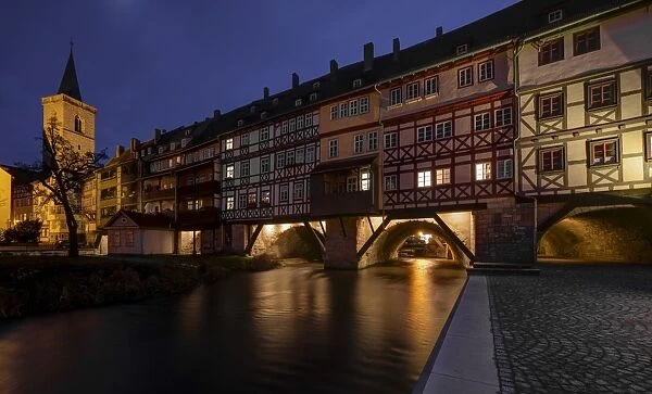 Kraemerbruecke bridge at night, Erfurt, Thuringia, Germany, Europe, PublicGround