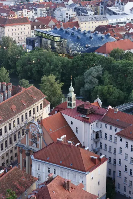 Framed Print : Kunsthaus, art house, river Mur, Palais Attems and Dreifaltigkeitskirche, Trinity Church, view from Schlossberg, castle hill, Graz, Styria, Austria, Europe Framed Print : Kunsthaus, art house, river Mur, Palais Attems and Dreifaltigkeitskirche, Trinity Church, view from Schlossberg, castle hill, Graz, Styria, Austria, Europe