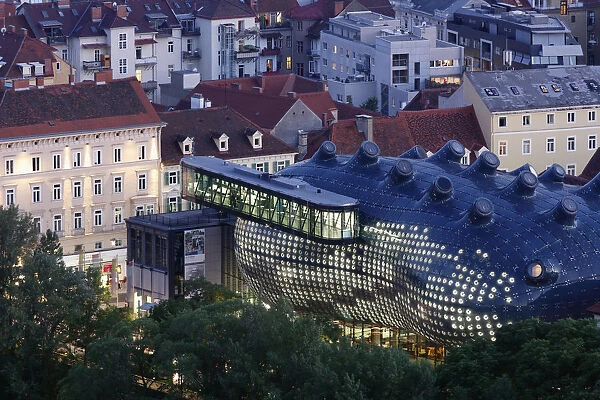 Kunsthaus, art house, view from Schlossberg, castle hill, Graz, Styria, Austria, Europe, PublicGround