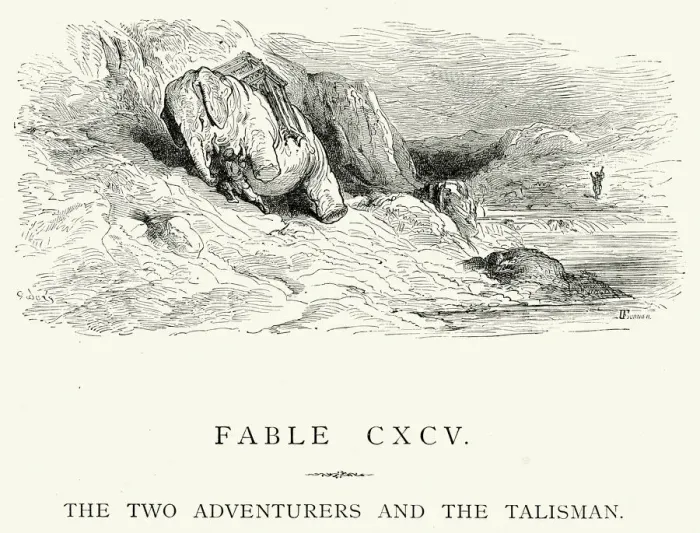 Framed Print : La Fontaines Fables - Two Adventurers and the Talisman