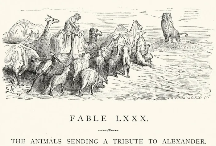 Framed Print : La Fontaines Fables - Animals sending a tribute to Alexander Framed Print : La Fontaines Fables - Animals sending a tribute to Alexander