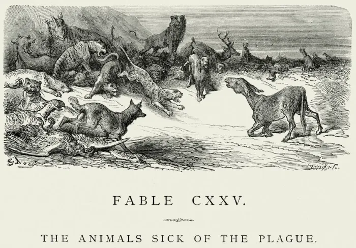 Framed Print : La Fontaines Fables - Animals Sick of the Plague Framed Print : La Fontaines Fables - Animals Sick of the Plague