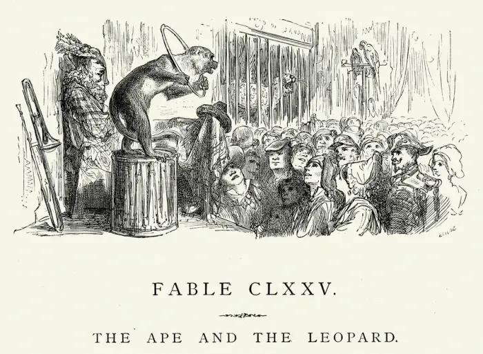 Framed Print : La Fontaines Fables - Ape and the Leopard Framed Print : La Fontaines Fables - Ape and the Leopard