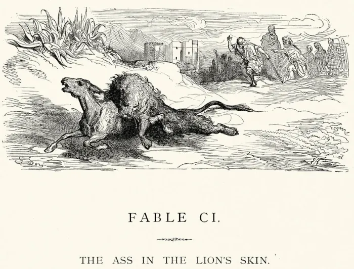 Framed Print : La Fontaines Fables - Ass in the Lions Skin Framed Print : La Fontaines Fables - Ass in the Lions Skin