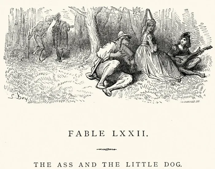 Framed Print : La Fontaines Fables - Ass and the Little Dog Framed Print : La Fontaines Fables - Ass and the Little Dog