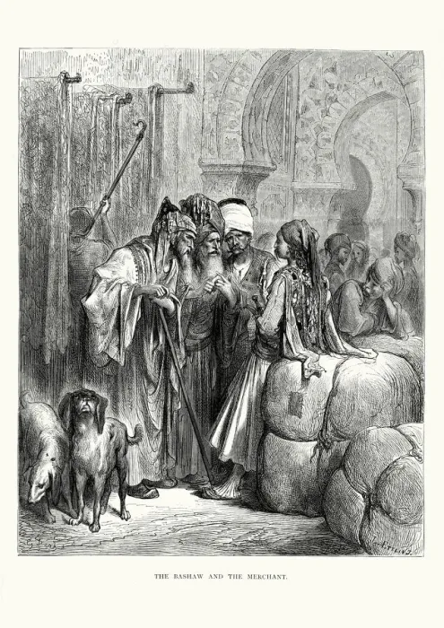 Framed Print : La Fontaines Fables - Bashaw and the Merchant Framed Print : La Fontaines Fables - Bashaw and the Merchant