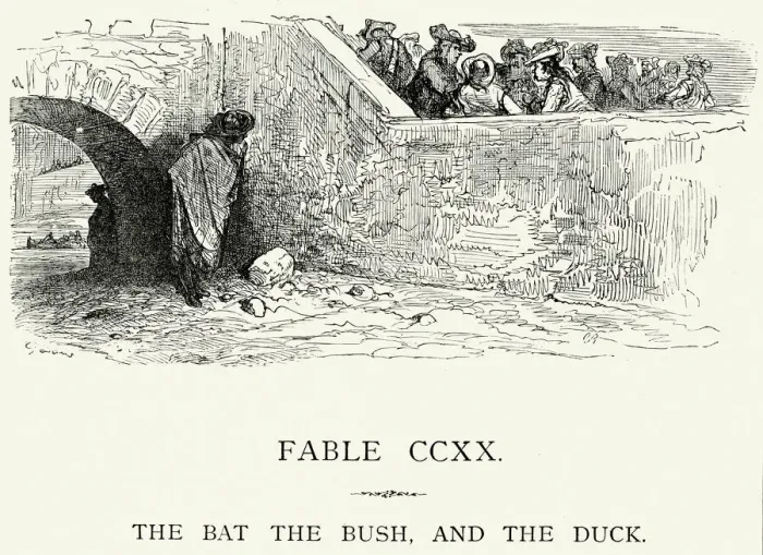 Framed Print : La Fontaines Fables - Bat Bush and the Duck Framed Print : La Fontaines Fables - Bat Bush and the Duck