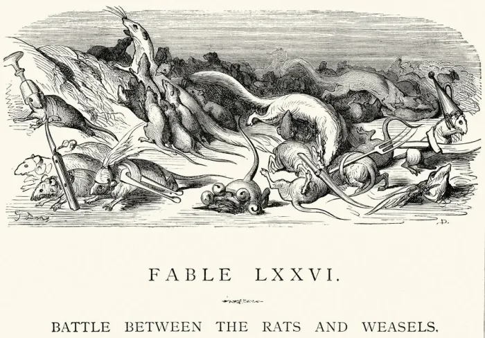 Framed Print : La Fontaines Fables - Battle bewtween the Rats and Weasels Framed Print : La Fontaines Fables - Battle bewtween the Rats and Weasels