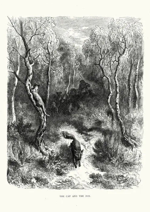 Framed Print : La Fontaines Fables - Cat and the Fox Framed Print : La Fontaines Fables - Cat and the Fox