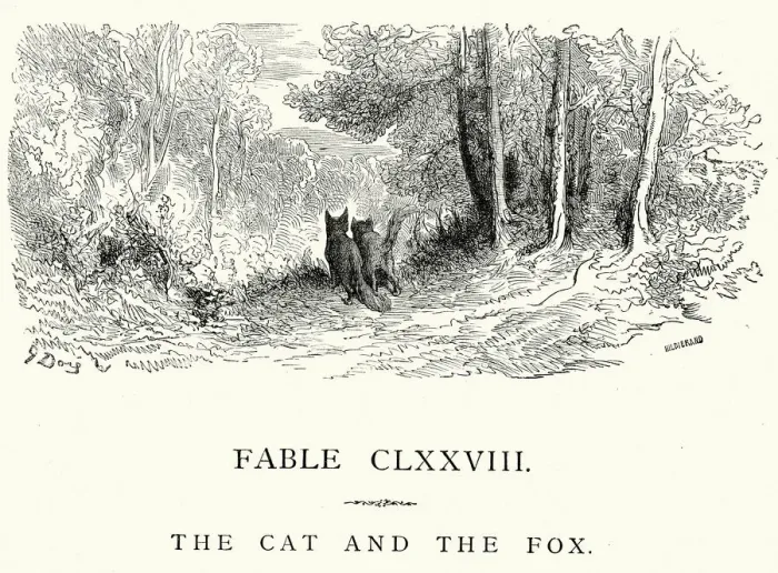 Framed Print : La Fontaines Fables - Cat and the Fox Framed Print : La Fontaines Fables - Cat and the Fox