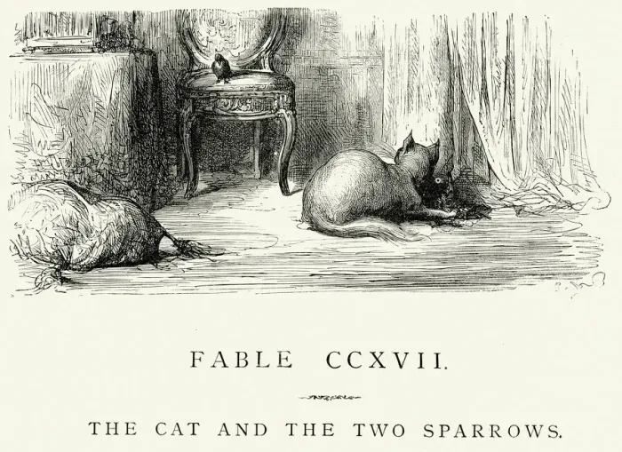 Framed Print : La Fontaines Fables - Cat and the Two Sparrows Framed Print : La Fontaines Fables - Cat and the Two Sparrows