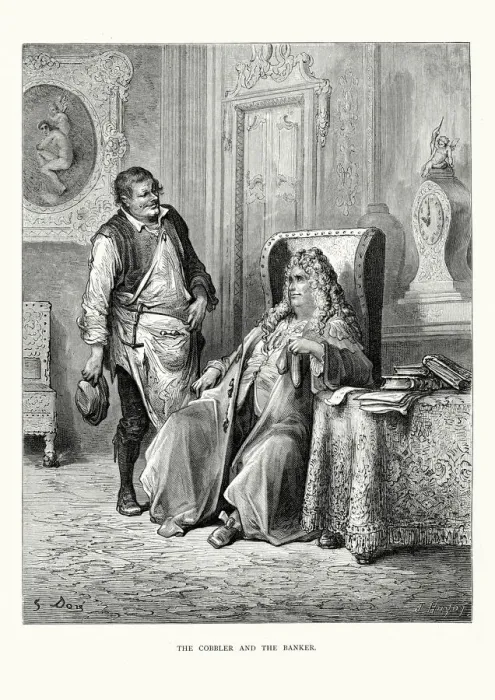 Framed Print : La Fontaines Fables - Cobbler and the Banker Framed Print : La Fontaines Fables - Cobbler and the Banker