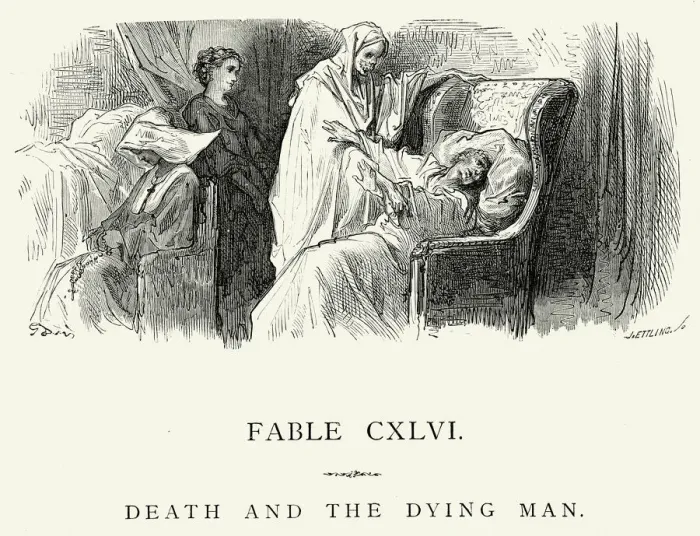 Framed Print : La Fontaines Fables - Death and the Dying Man Framed Print : La Fontaines Fables - Death and the Dying Man