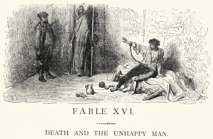 Framed Print : La Fontaines Fables - Death and the Unhappy Man