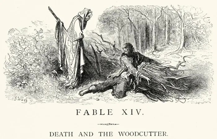 Framed Print : La Fontaines Fables - Death and the Woodcutter