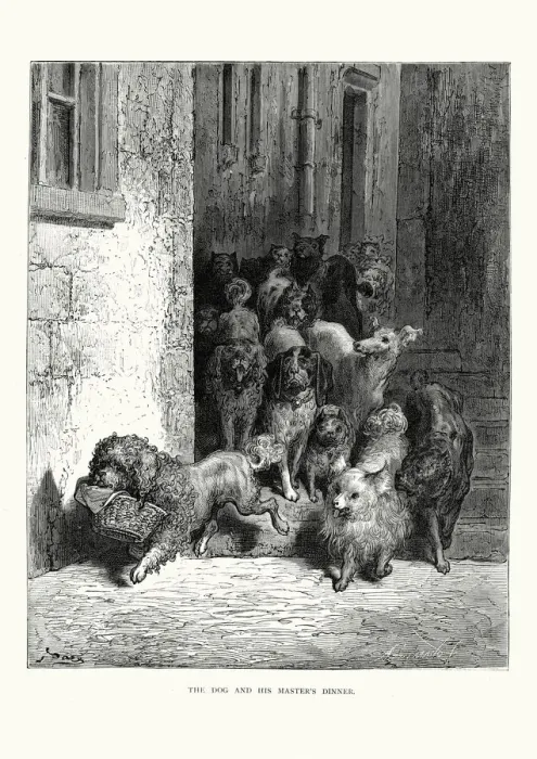 Framed Print : La Fontaines Fables - The Dog and his Masters Dinner