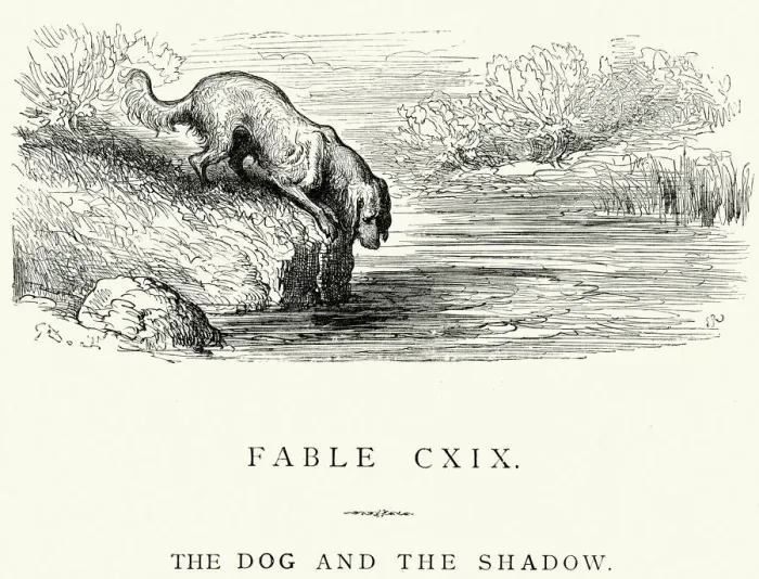 Framed Print : La Fontaines Fables - Dog and the Shadow Framed Print : La Fontaines Fables - Dog and the Shadow
