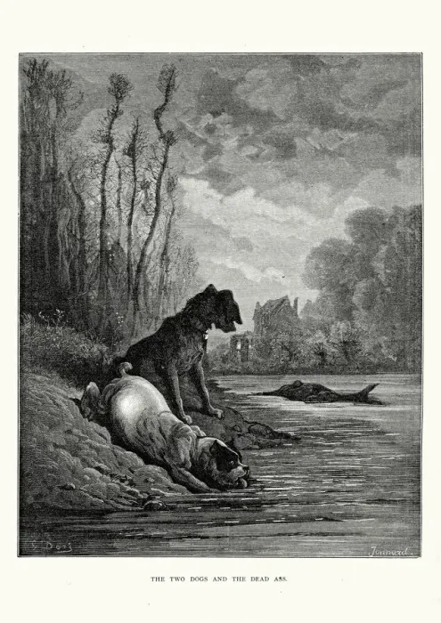 Framed Print : La Fontaines Fables - Two Dogs and the Dead Ass Framed Print : La Fontaines Fables - Two Dogs and the Dead Ass