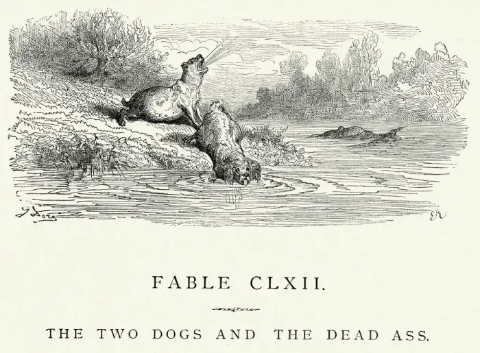 Framed Print : La Fontaines Fables - Two Dogs and the Dead Ass Framed Print : La Fontaines Fables - Two Dogs and the Dead Ass