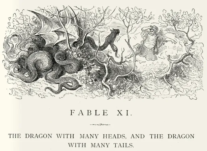 Framed Print : La Fontaines Fables - Dragon with many heads Framed Print : La Fontaines Fables - Dragon with many heads
