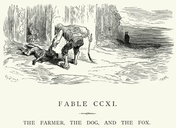 Framed Print : La Fontaines Fables - Farmer Dog and the Fox