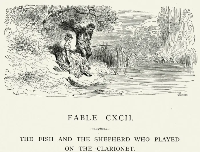 Framed Print : La Fontaines Fables - Fish and the Shepherd Framed Print : La Fontaines Fables - Fish and the Shepherd