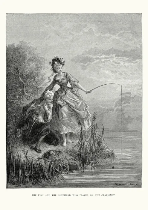 Framed Print : La Fontaines Fables - Fish and the Shepherd Framed Print : La Fontaines Fables - Fish and the Shepherd