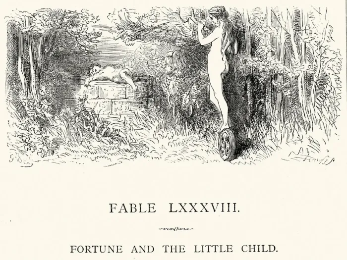Framed Print : La Fontaines Fables - Fortune and the Little Child Framed Print : La Fontaines Fables - Fortune and the Little Child