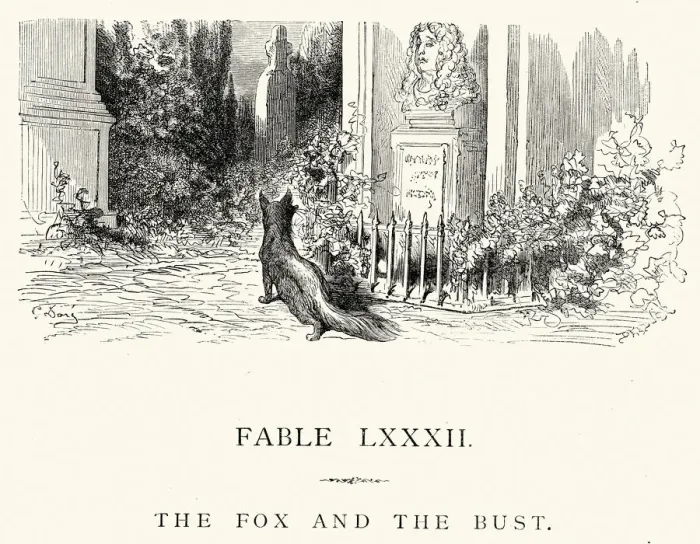 Framed Print : La Fontaines Fables - Fox and the Bust Framed Print : La Fontaines Fables - Fox and the Bust