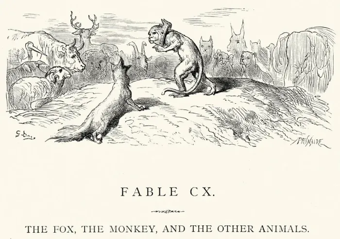 Framed Print : La Fontaines Fables - Fox and the Monkey Framed Print : La Fontaines Fables - Fox and the Monkey