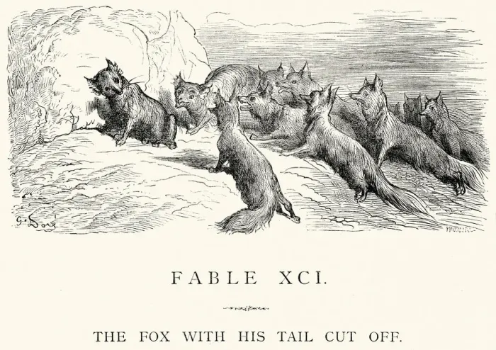 Framed Print : La Fontaines Fables - Fox with his tale cut off Framed Print : La Fontaines Fables - Fox with his tale cut off