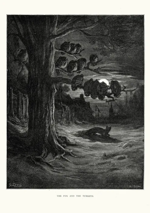 Framed Print : La Fontaines Fables - Fox and the Turkeys Framed Print : La Fontaines Fables - Fox and the Turkeys