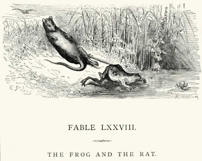 Framed Print : La Fontaines Fables - Frog and the Rat Framed Print : La Fontaines Fables - Frog and the Rat