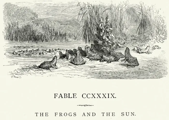 Framed Print : La Fontaines Fables - Frogs and the Sun Framed Print : La Fontaines Fables - Frogs and the Sun