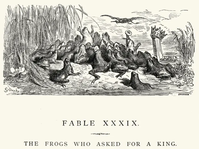 Framed Print : La Fontaines Fables - Frogs who asked for a King