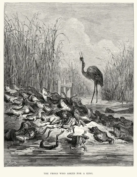 Framed Print : La Fontaines Fables - Frogs who asked for a King Framed Print : La Fontaines Fables - Frogs who asked for a King