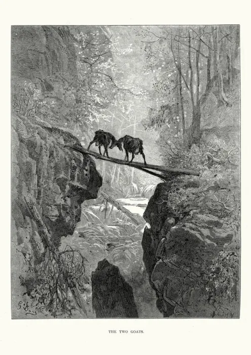 Framed Print : La Fontaines Fables - The Two Goats Framed Print : La Fontaines Fables - The Two Goats