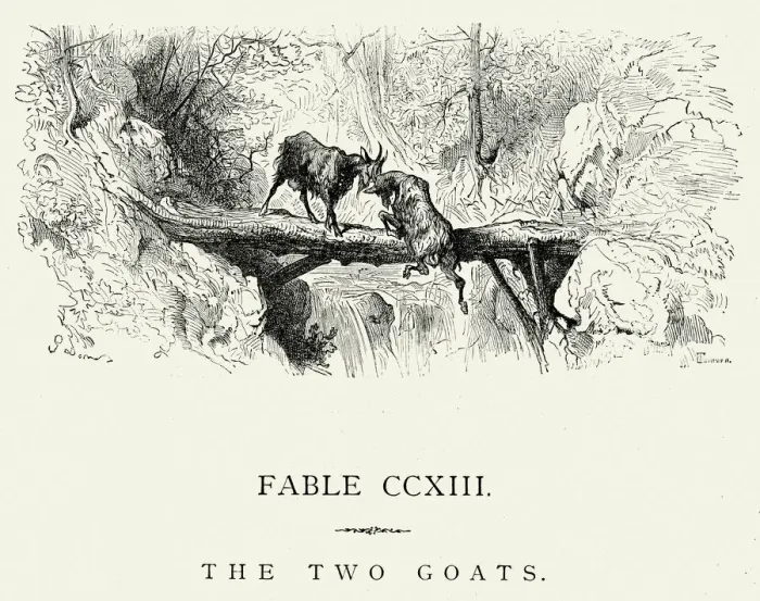 Framed Print : La Fontaines Fables - The Two Goats Framed Print : La Fontaines Fables - The Two Goats