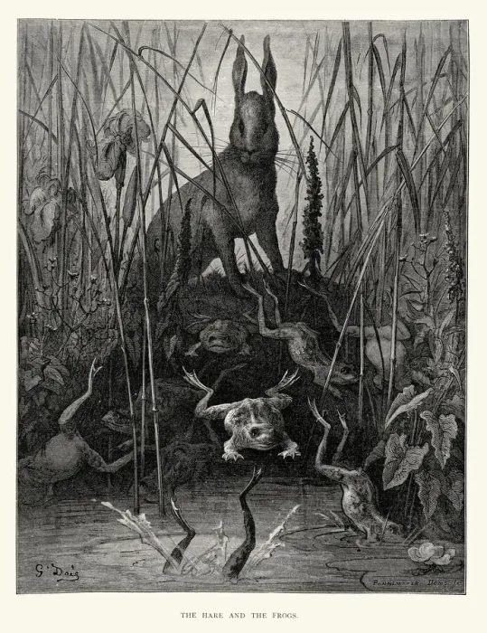 Framed Print : La Fontaines Fables - Hare and the Frogs Framed Print : La Fontaines Fables - Hare and the Frogs