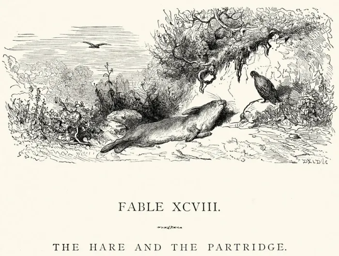 Framed Print : La Fontaines Fables - Hare and the Partridge Framed Print : La Fontaines Fables - Hare and the Partridge