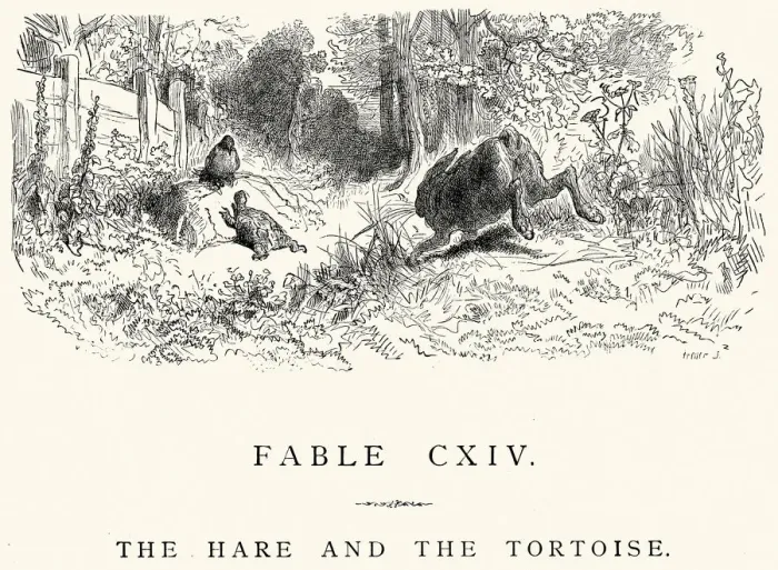 Framed Print : La Fontaines Fables - Hare and the Tortoise Framed Print : La Fontaines Fables - Hare and the Tortoise