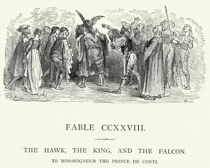 Framed Print : La Fontaines Fables - Hawk King and the Falcon