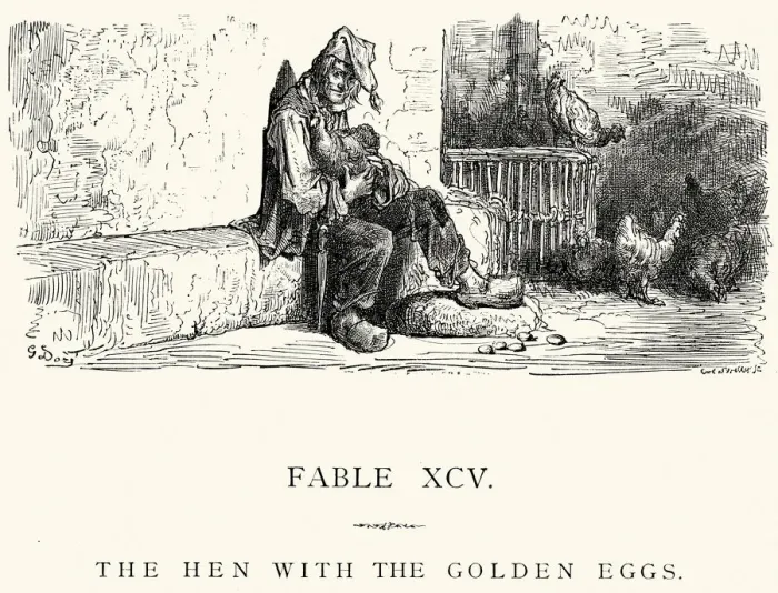 Framed Print : La Fontaines Fables - Hen with the Golden Eggs Framed Print : La Fontaines Fables - Hen with the Golden Eggs