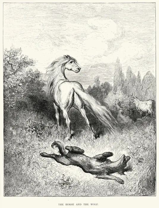Gustave Dore's La Fontaine Fables Print: Horse and the Wolf. Art