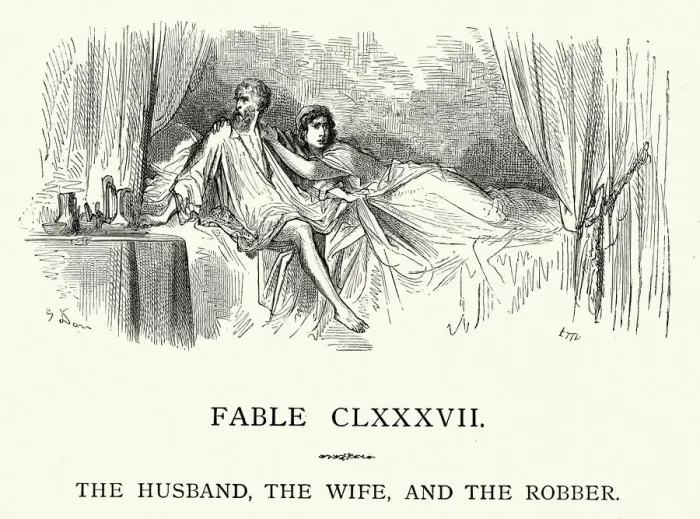 Framed Print : La Fontaines Fables - Husband Wife and the Robber Framed Print : La Fontaines Fables - Husband Wife and the Robber