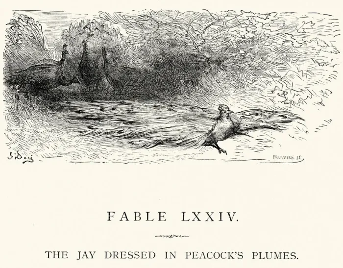 Framed Print : La Fontaines Fables - The Jay dressed in Peacocks Plumes