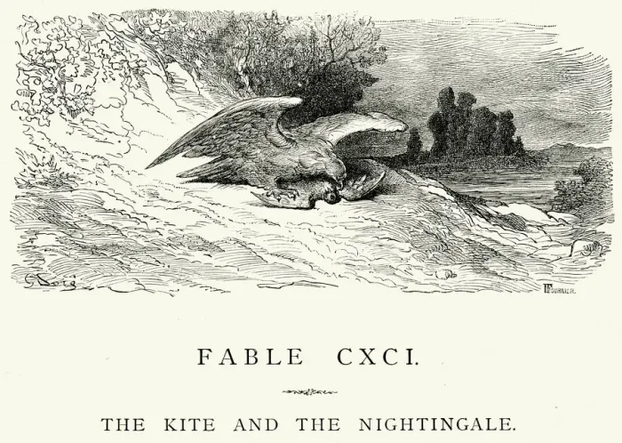 Framed Print : La Fontaines Fables - Kite and the Nightingale Framed Print : La Fontaines Fables - Kite and the Nightingale
