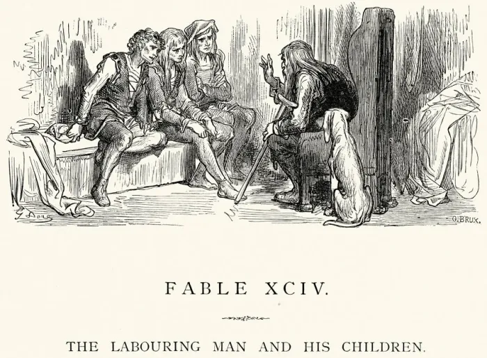 Framed Print : La Fontaines Fables - Labouring man and his children Framed Print : La Fontaines Fables - Labouring man and his children