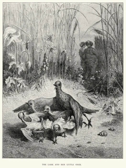 Framed Print : La Fontaines Fables - Lark and her little chicks Framed Print : La Fontaines Fables - Lark and her little chicks